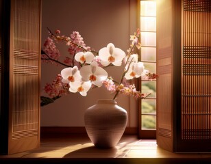 a minimalist Japanese-style floral arrangement in a ceramic vase, featuring white orchids and soft pink cherry blossoms, placed on a wooden table with sunlight streaming through shoji windows, natural