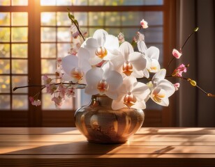 a minimalist Japanese-style floral arrangement in a ceramic vase, featuring white orchids and soft pink cherry blossoms, placed on a wooden table with sunlight streaming through shoji windows, natural