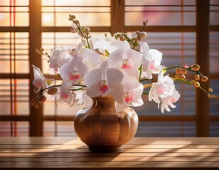 a minimalist Japanese-style floral arrangement in a ceramic vase, featuring white orchids and soft pink cherry blossoms, placed on a wooden table with sunlight streaming through shoji windows, natural