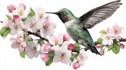 Vibrant hummingbird hovering near blooming cherry blossoms in a serene garden setting