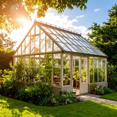 Obraz premium Sunlit Victorian-style greenhouse filled with lush greenery, nestled in a vibrant garden