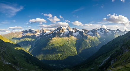 Panoramic view of a majestic mountain range with snow capped peaks under a blue sky with scattered clouds