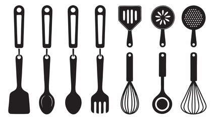 Illustration of various kitchen utensils including spatulas spoons whisks and slotted spoons in black and white |  editable eps vectors silhouette