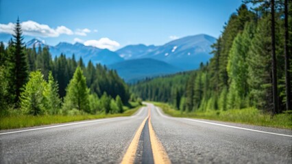 Asphalt highway stretching through lush green forest — mountain landscape under clear blue sky
