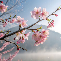 Delicate pink cherry blossoms branch