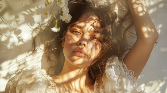 Summer vibes portrait of woman in lace off-white dress, natural sunlight shadows, soft makeup, fashion editorial aesthetic. Generative AI.