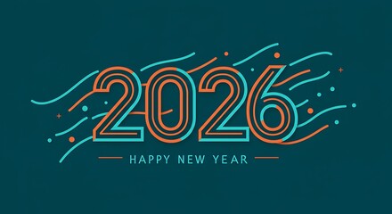 Happy new year 2026 with colorful abstract lines and confetti