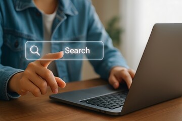 concept of online research and information retrieval, with a hand poised over the keyboard and a futuristic search bar floating in the air.