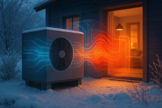 Heat pump unit in winter snow showing thermal energy flow visualization patterns