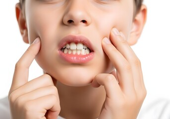 Obraz premium Child boy touching cheeks with fingers showing toothache facial discomfort and dental pain isolated on white