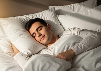 Young man sleeping peacefully in bed with white sheets and pillow in soft morning light