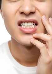 Fototapeta premium Man touching both cheeks with hands showing toothache jaw discomfort and dental pain on white background
