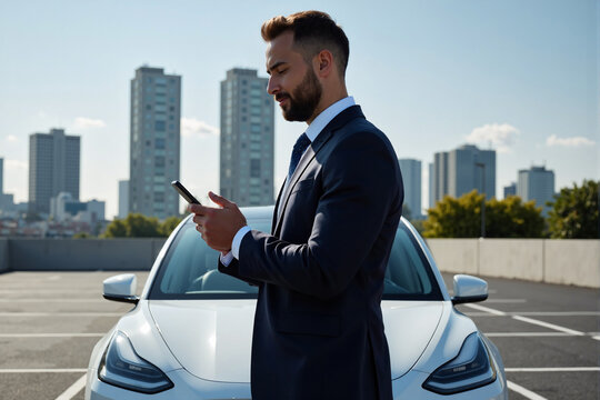 Successful bearded businessman in a sharp suit uses his smartphone while standing in front of his car on a rooftop parking lot with a modern city skyline background