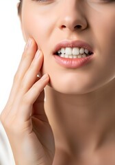 Obraz premium Young woman touching cheek with hand showing toothache facial discomfort and dental pain on white background