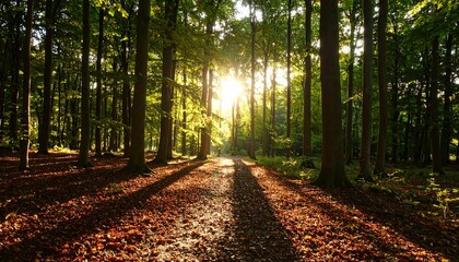 Obraz premium Sunlit path through dense forest, autumn leaves carpet ground