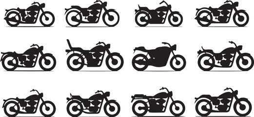 Twelve black motorcycle silhouettes in a grid on a white background motorbike