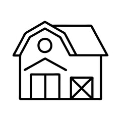 Outline drawing of a simple farm barn house, agricultural building with a door and window, farm icon