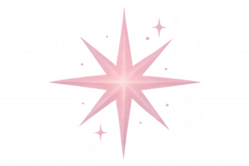 Glittering pink star-shaped ornament with eight points, radiating magical sparkle against transparent backdrop