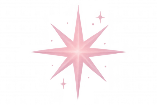 Glittering pink star-shaped ornament with eight points, radiating magical sparkle against transparent backdrop