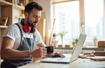 Carpenter works at workshop, using laptop, holding coffee cup. Man with headphones around neck focuses on screen, surrounded by wood materials, tools. Represents skill, craft, small business