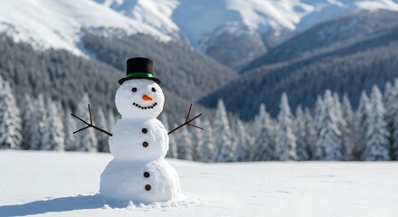 Obraz premium Happy snowman in a snowy winter landscape with mountains