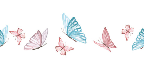 Seamless border with butterflies. Isolated watercolor illustration with graceful insects for decoration of children's goods, interiors, textiles and clothes, printing on postcards.