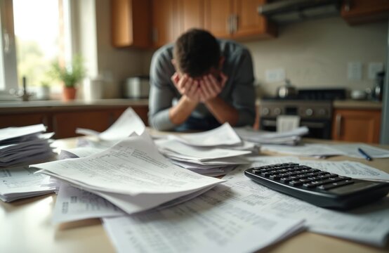 Man stressed over overdue bills on kitchen table. Cluttered papers, calculator, financial documents represent debt, expenses, budgeting challenges. Urgency, worry for personal finance obligations. - Powered by Adobe