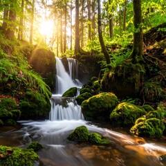 Sunlit waterfall cascading over moss-covered rocks in a lush green forest (2)