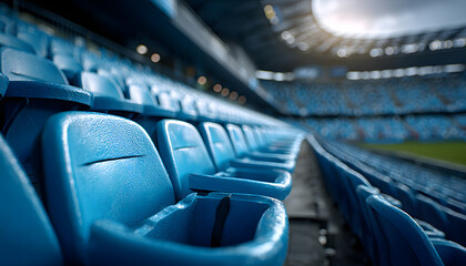 Rows of empty blue stadium seats in VIP area. Arena seating for football match or soccer game. Spectators await event in comfortable, exclusive luxury venue.