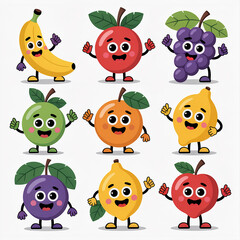 Cute cartoon fruits characters waving and smiling in a playful collection