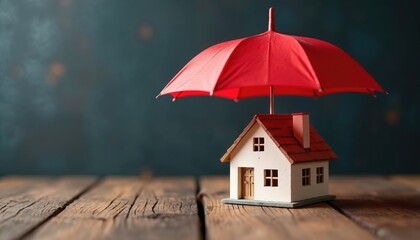 Miniature house model shielded by red umbrella on weathered wooden surface. Home insurance, protection against elements, real estate safety. Offers peace of mind for homeowners, investors, property