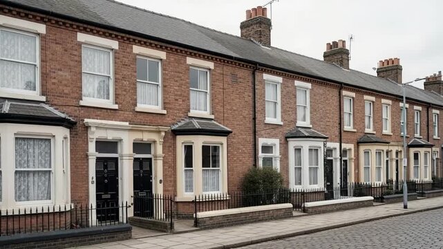 Classic British terraced houses with red brick facades, bay windows, and front gardens, lining a historic cobblestone street on a cloudy day.