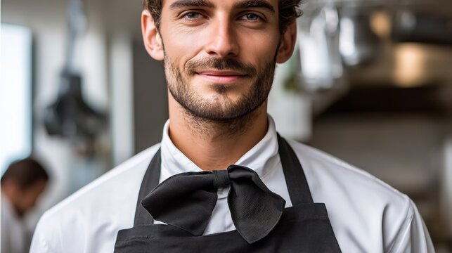 A Smiling Man in a Formal Outfit, Perfect for Service Professions and Hospitality.