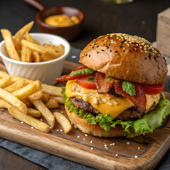 Juicy cheeseburger with crispy french fries