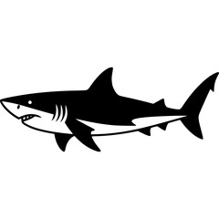 Naklejka premium Shark Silhouette: A minimalist illustration of a powerful shark, its sleek form and prominent dorsal fin evoking the strength and grace of this apex predator.