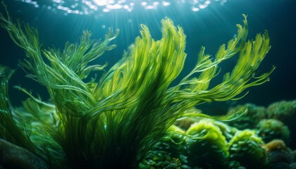 Obraz premium algae spirulina seaweed plant underwater shot closeup background
