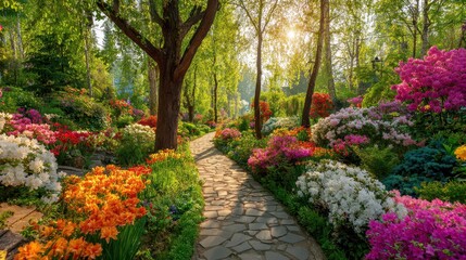 Beautiful photo of colorful garden pathway in sunlight with vibrant flowers and lush greenery during springtime.
