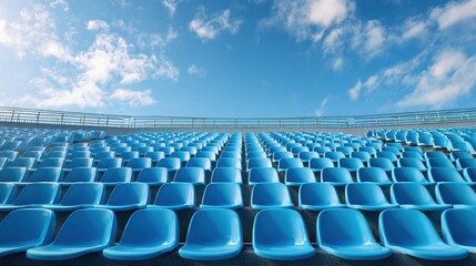 Naklejka premium Beautiful photo of blue Stadium Seats in a Row Under Clear Sky on a Bright Day.