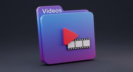 Rendered icon of video file folder, red play button and film strip