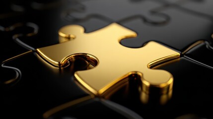 Beautiful photo of close-up image of a glossy gold puzzle piece fitting perfectly into a contrasting black puzzle, symbolizing uniqueness, solution, and strategic success in a.