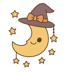  Cute Halloween Moon with Witch Hat and Stars – Kawaii Illustration on Transparent Background