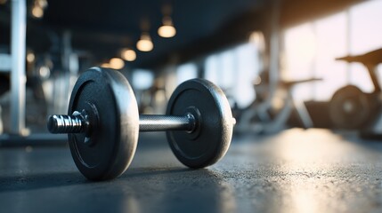 Beautiful photo of close up view of dumbbell on gym floor, showcasing fitness equipment in modern gym environment. atmosphere is energetic and motivating.