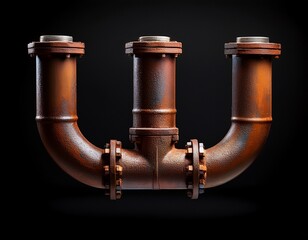a rusty metal pipe with u shaped supports on a black background