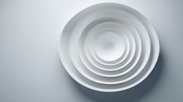 Abstract composition of nested concentric circles in shades of white and gray, forming a minimalist design.