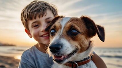 A heartwarming close-up of a smiling boy embracing his pet Jack Russell Terrier on the beach, enjoying the golden light of a summer sunset.
