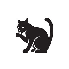 Cat grooming, licking paw, silhouette vector illustration