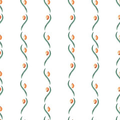 Seamless pattern with sea buckthorn leaves and berries. Watercolor illustration for packaging design, printing on fabric and kitchen textiles.