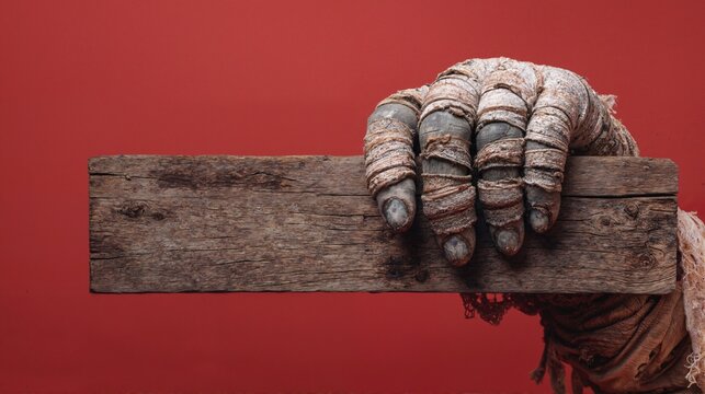 Mummy's hand holding wooden sign with space for text on bright red background - Powered by Adobe