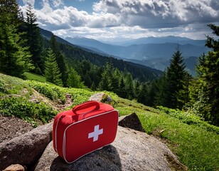 rugged first aid kit rests on rock along forested hiking trail lush greenery surrounds it and rolling mountains stretch into distance cloudy skies