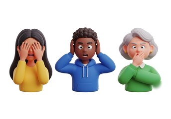 3D cartoon characters covering eyes ears and mouth representing see no evil hear no evil speak no evil concept inspired by Nikko